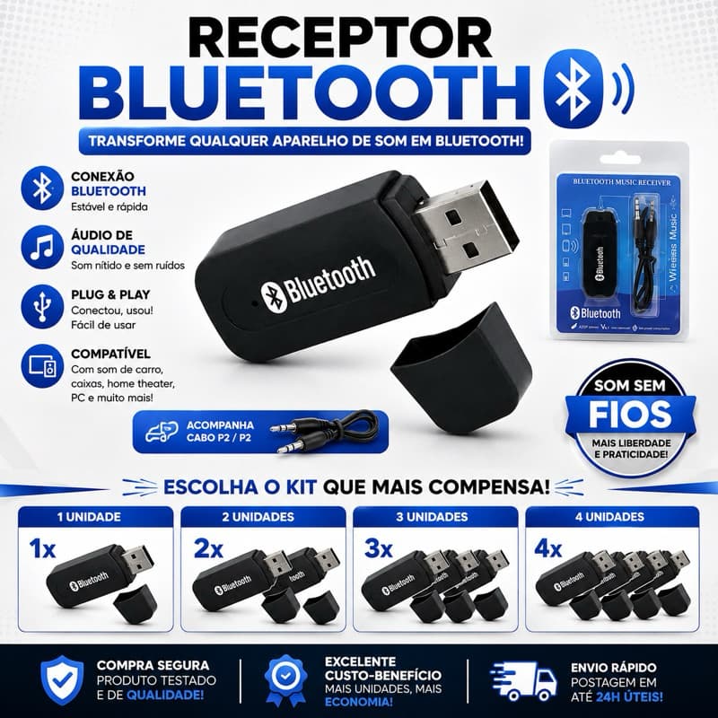 Bluetooth Usb Adaptador Receptor Musica P2 para Som Automotivo e Caixa de Som