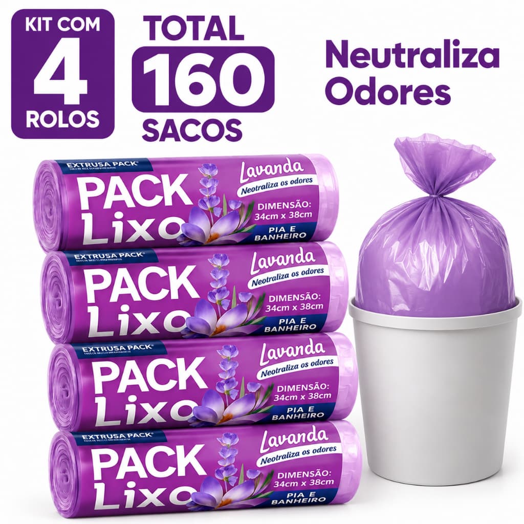 Saco para Lixo Lavanda 34x38cm Pia Banheiro Lixeira Pequena 3kg Perfumado Neutraliza Odores 40 80 120 160 Unidades