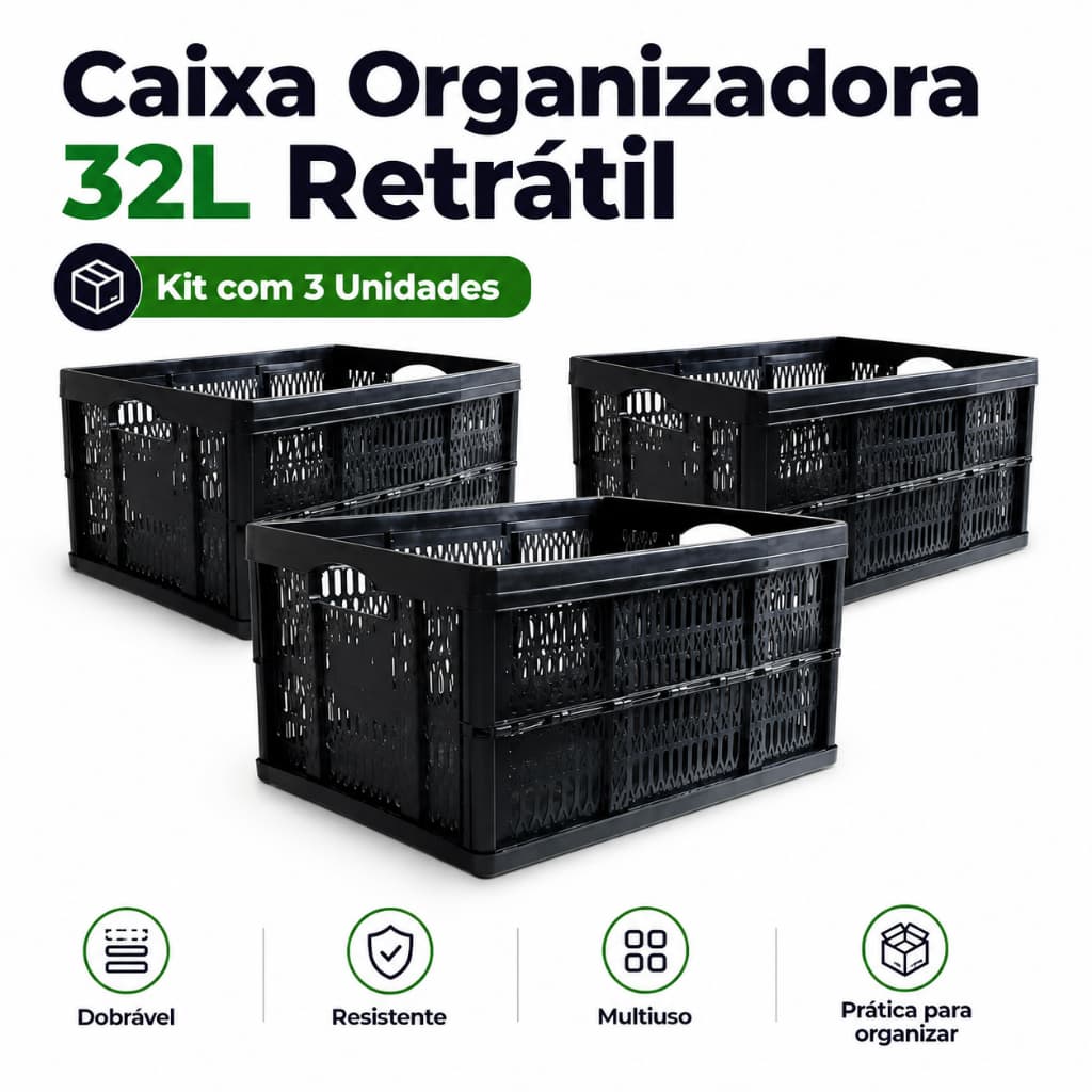 Kit 3 Caixas Caixote Multiuso Dobrável Retrátil Armazenamento 32L Preto Resisente