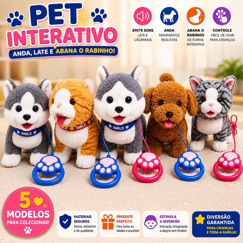 Pet Interativo Pelúcia Cachorro Gato que Anda Late Mia Abana o Rabo com Controle Brinquedo Infantil Presente