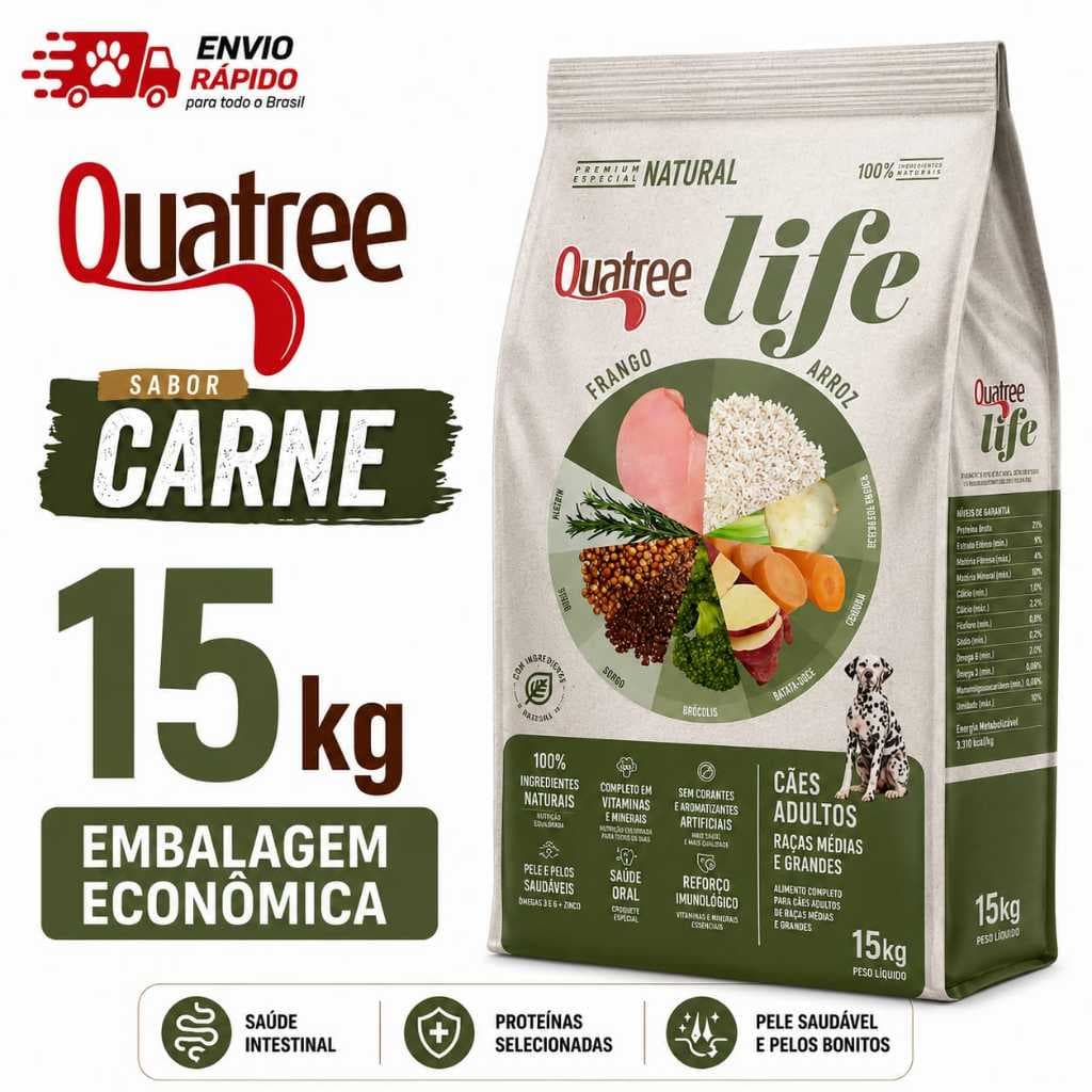 Ração Quatree Life Adultos Raças Médias e Grandes Frango e Arroz – 15kg