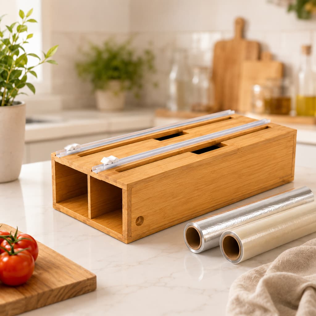 Organizador de Cozinha Porta Rolo Papel Alumínio Filme Plástico Bambu Cortador Dispenser