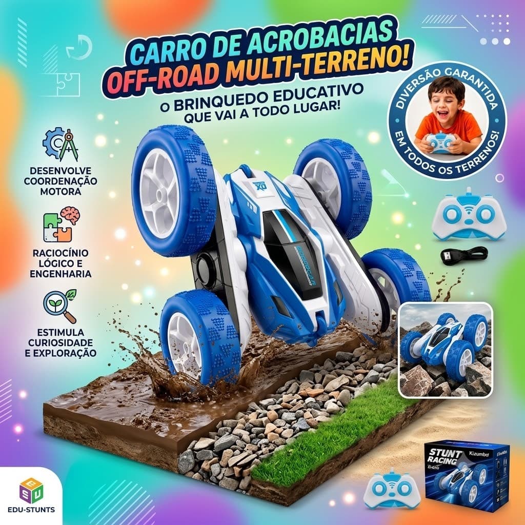 Carro de Controle Remoto 4x4 Azul - Rotação 360°, Velocidade até 12 km/h, Design Durável