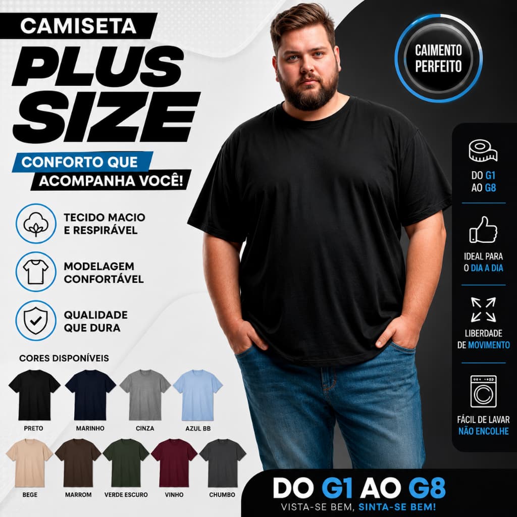 Camiseta G1 ao G8 PLUS SIZE Masculina  Varias Cores  100% Algodão