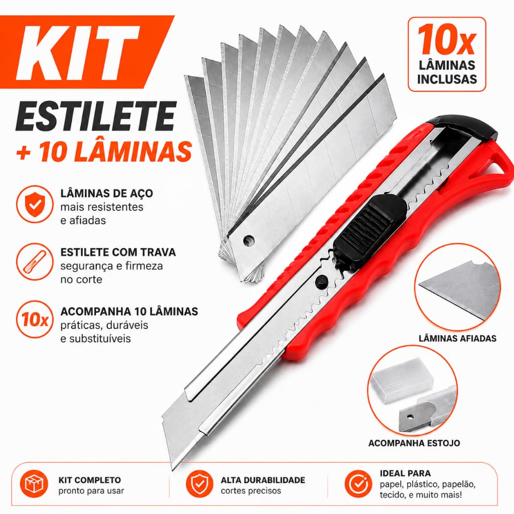Kit Estilete + 10 Lâminas de Estilete - Estilete Emborrachado 18mm