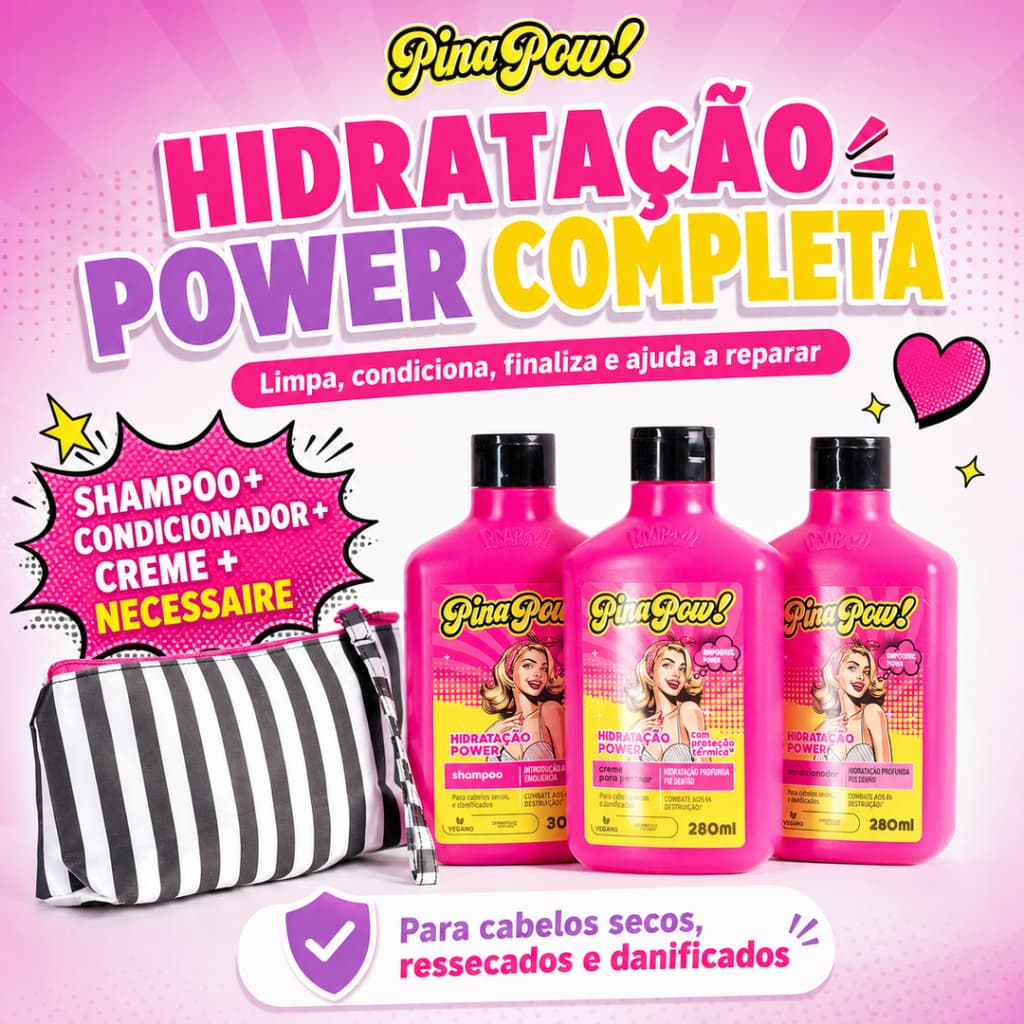 Kit Pinapow Hidratação Power | Shampoo + Condicionador + Creme de Pentear + Necessaire | Hidratação e Reparação