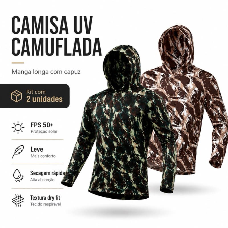 Kit 2 Camisas Térmica Camuflada Com Capuz UV 50 Proteção Solar Segunda Pele Manga Longa Esporte Antiodor Militar Pesca