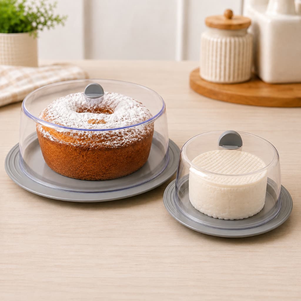 Kit 2 Peças Boleira e Queijeira com Tampas Transparentes Base Cinza para Mesa Café Cozinha