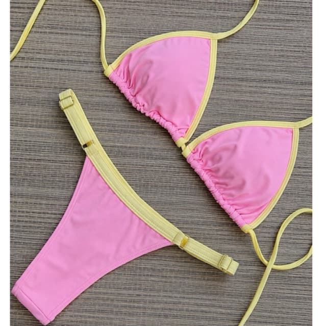 Biquíni Fio Dental Cortininha Bicolor Feminino Marquinha Fita Moda Praia Verão