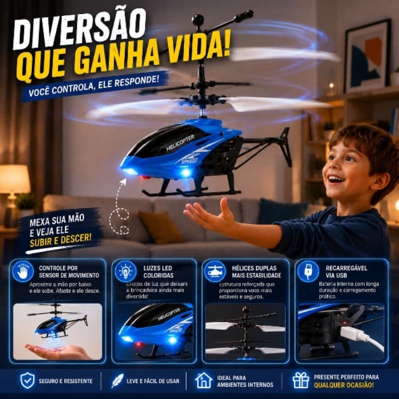 Helicóptero Voador Brinquedo Infantil Sensor de Movimento Indução Controle por Mão Recarregável LED