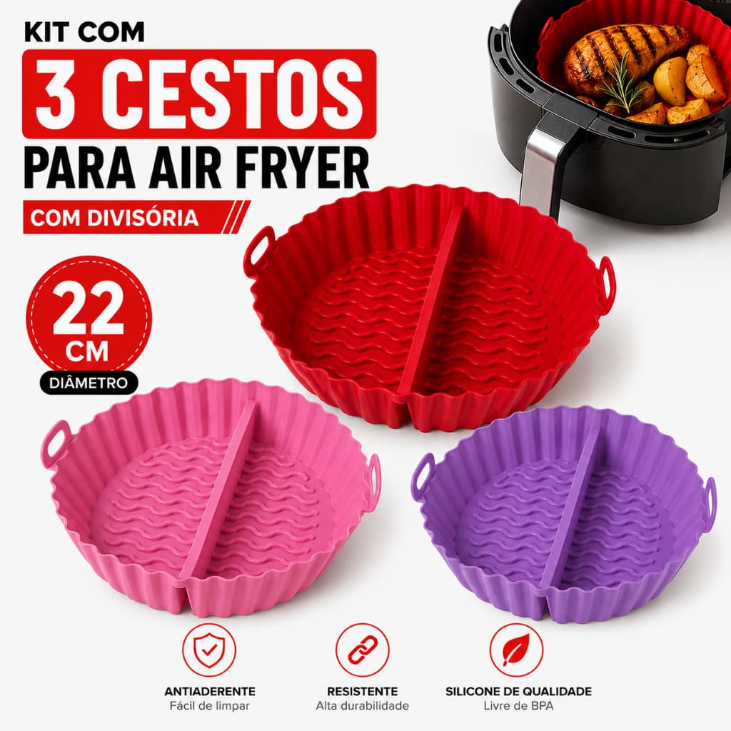 Kit 3 Forma Silicone Air Fryer Divisória 22cm Cesto Fritadeira Elétrica Antiaderente Reutilizável