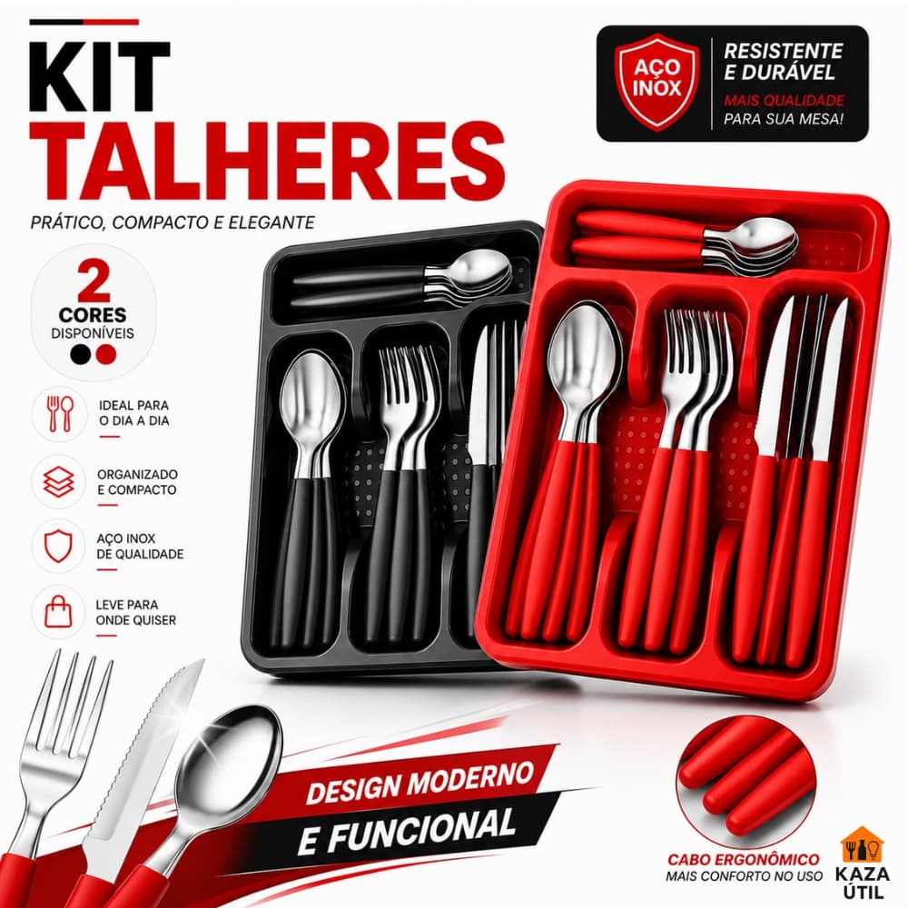 Jogo De Talheres 25 Peças Inox Premium + Gaveteiro Organizador Porta Talheres Cozinha