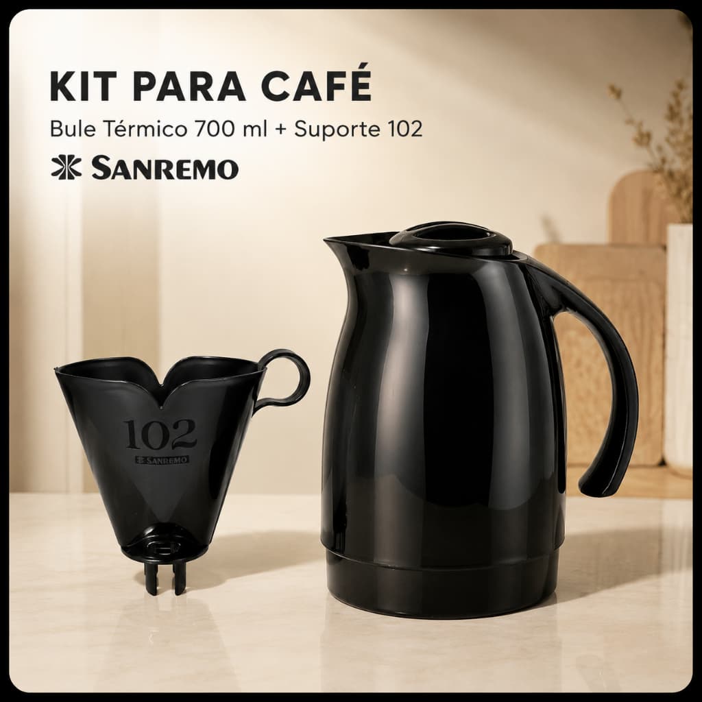 Kit Bule Garrafa Térmica Sanremo 700ml Preto + Suporte Coador Filtro de Café 102