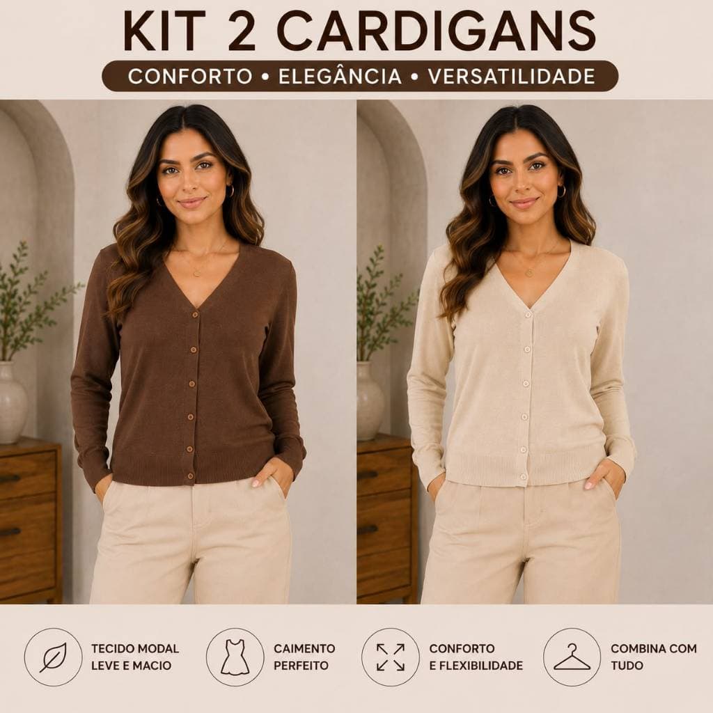 Kit Cardigan Feminino Marrom e Bege Tricot Modal Botões Decote V Manga Longa Elegante Moderno
