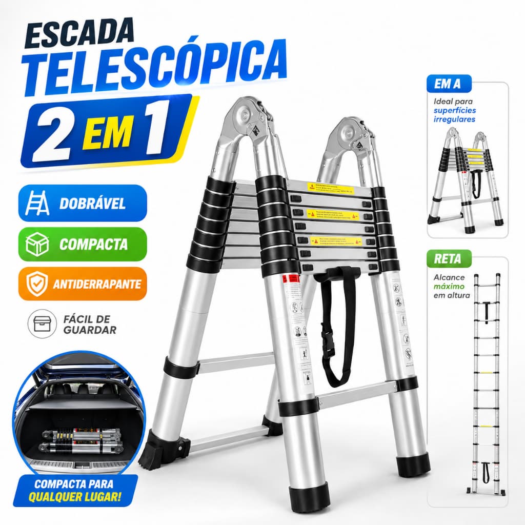 Escada Telescópica Dupla 2 em 1 4.2 Metros Alumínio Dobrável Extensível Tipo A Reta Antiderrapante Profissional