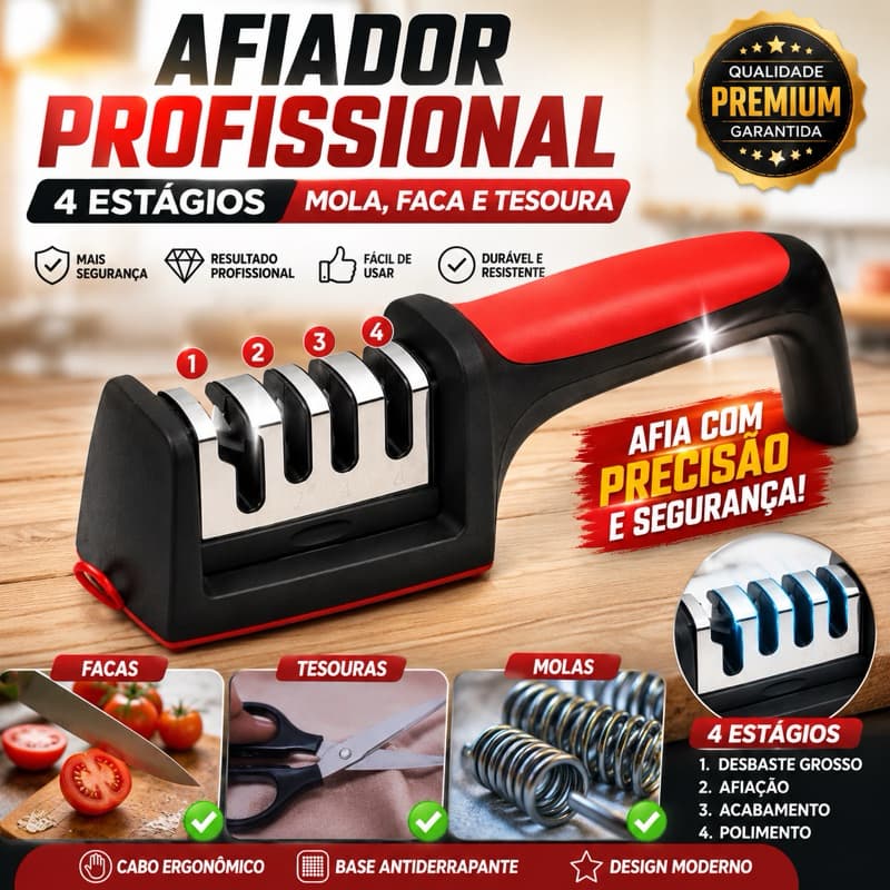 Amolador de Faca 4 Estágios Afiador de Facas e Tesouras Multifuncional Profissional Manual para Cozinha Churrasco