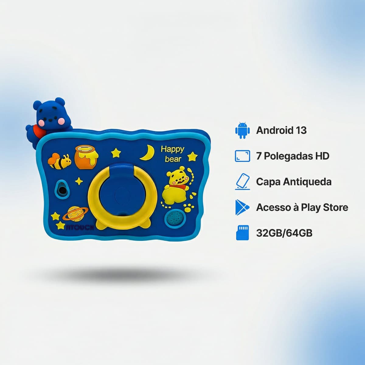 Tablet Infantil Urso com Capa Protetora de Silicone Controle Parental Crianças Câmera Vídeo Leitura