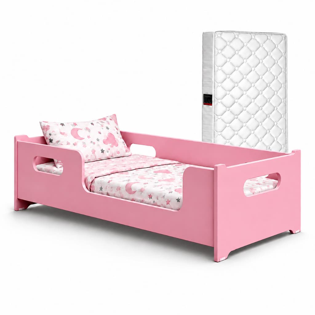 Cama Encanto Infantil Rosa + Colchão Montessoriana Quarto Da Criança Em MDF Design Aconchegante Grade De Proteção