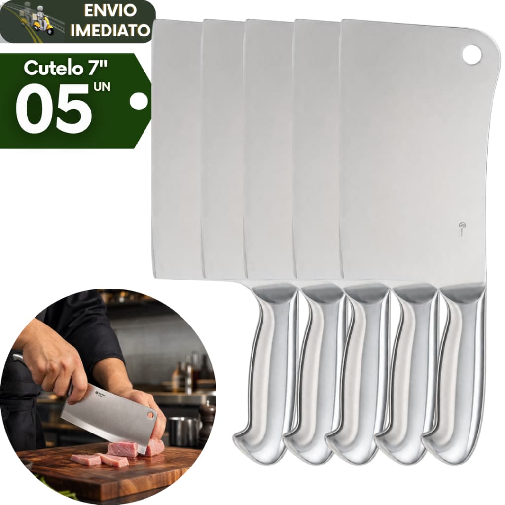 Kit 5 Faca Cutelo Machado 7 Polegada Aço Escovado Cortes Robustos Ideal Cozinha Churrascaria Açougue