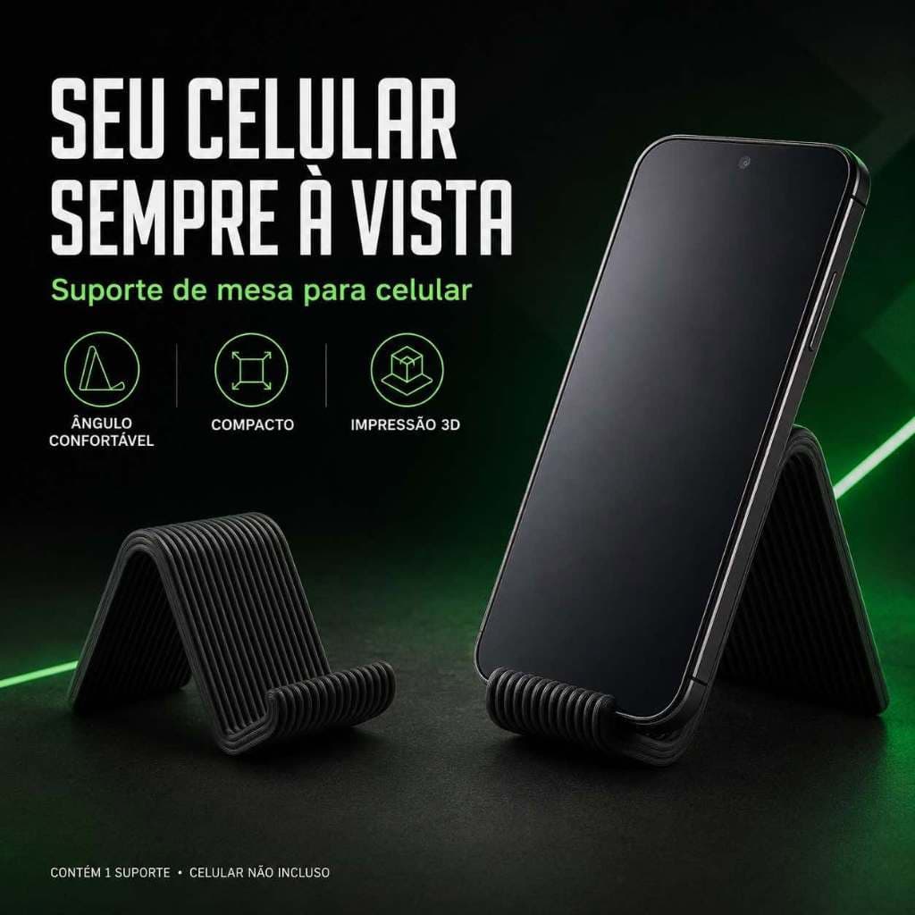 Suporte de Mesa para Celular Preto em PETG – Compacto