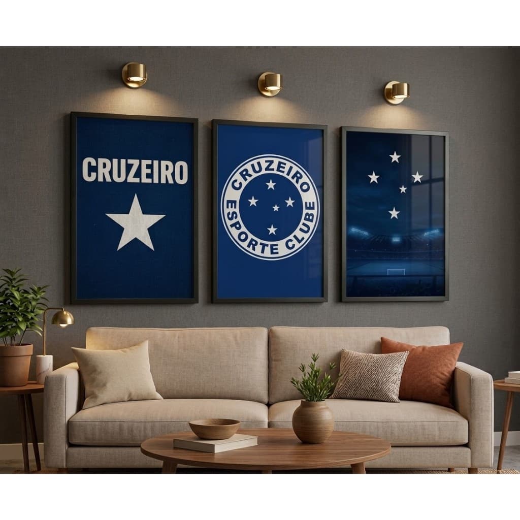 Kit 3 Quadros Decorativos Cruzeiro - Mosaico Escudo e Estádio - Decoração Sala e Quarto