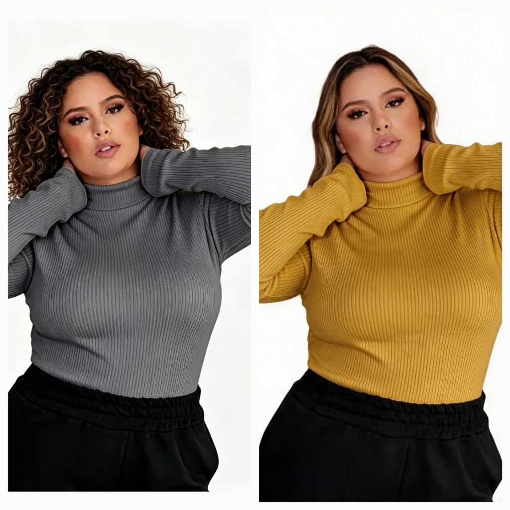Kit 2 Blusas Feminina Cacharrel Plus Size Segunda Pele Canelada Manga Longa Tamanho G1,G2,G3