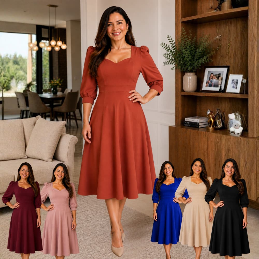 VESTIDO FEMININO MIDI RODADO DECOTE CORAÇAO MANGA 3/4 PRINCESA MODA EVANGELICA SOCIAL ELEGANTE 38A52