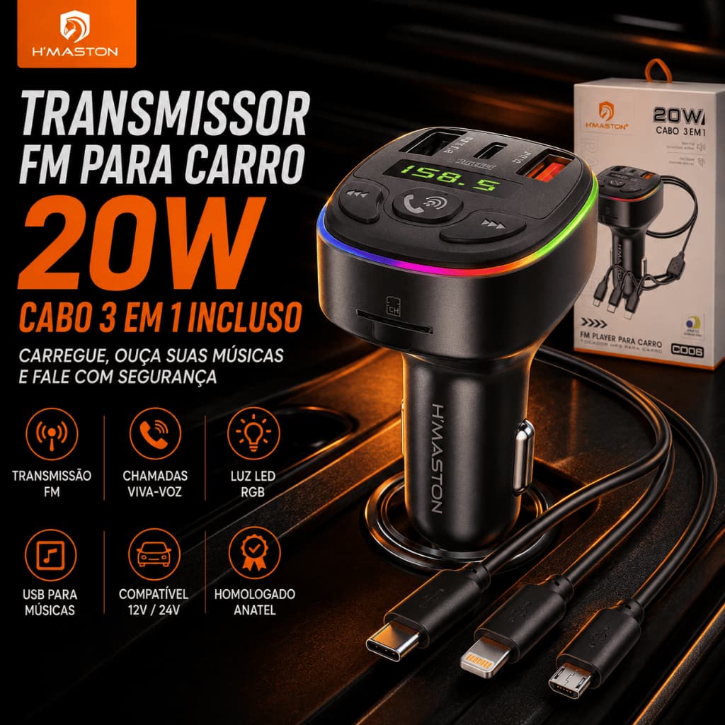 Transmissor FM Adaptador Veicular Bluetooth 5.0 Carregador Áudio Estéreo MP3 Player Turbo 3 Em 1