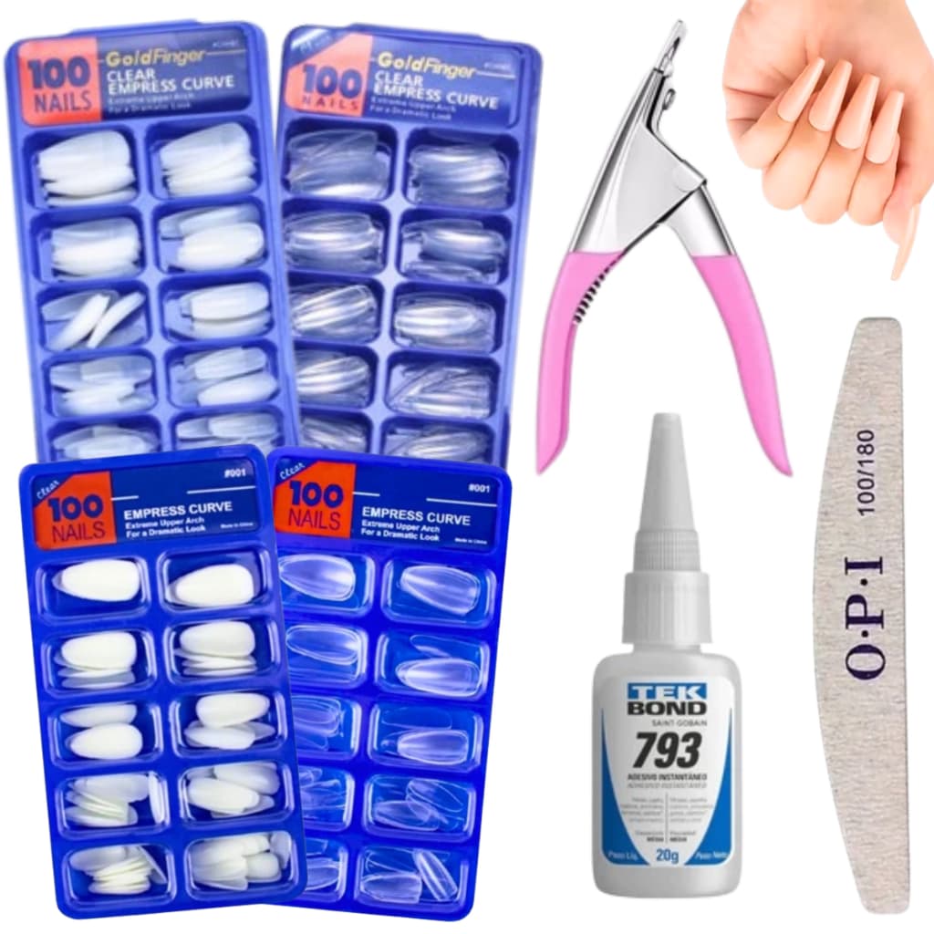 Kit Alongamento Unhas Profissional 100 Unhas Postiças + Cola Tekbond 793 + Alicate + Lixa