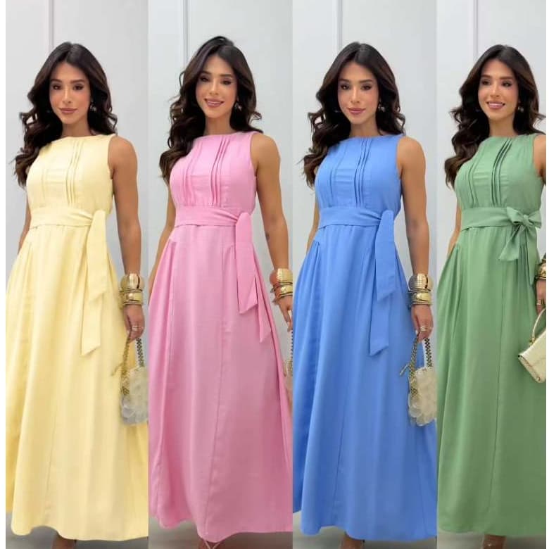 Vestido Feminino Longo Gola Alta e Cinto Faixa - Moda Feminina