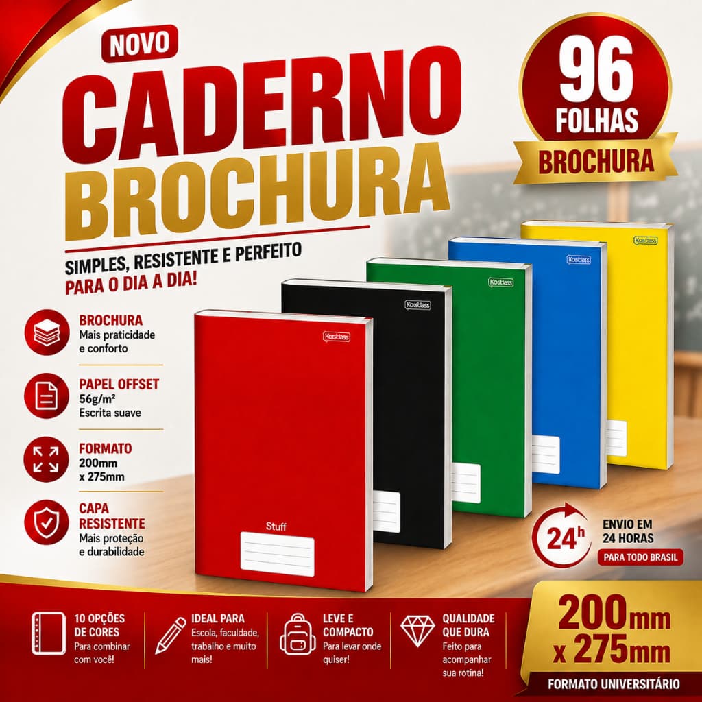 Caderno Brochurao Grande Capa Dura 96 folhas Jandaia Cores