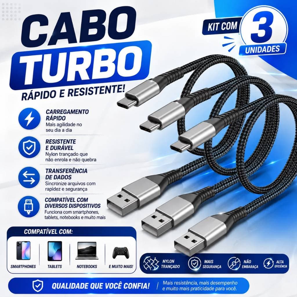 Cabo Carregador USB Tipo-C Reforçado Premium - Alta Resistência e Carga Rápida