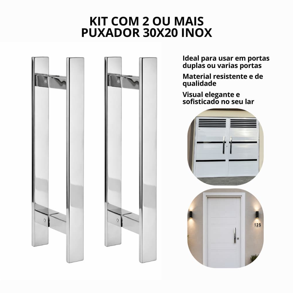 Kit puxador inox 30cm - 20cm entre furos - ate 4 un - para portas madeira, alumino, vidro, porta dupla