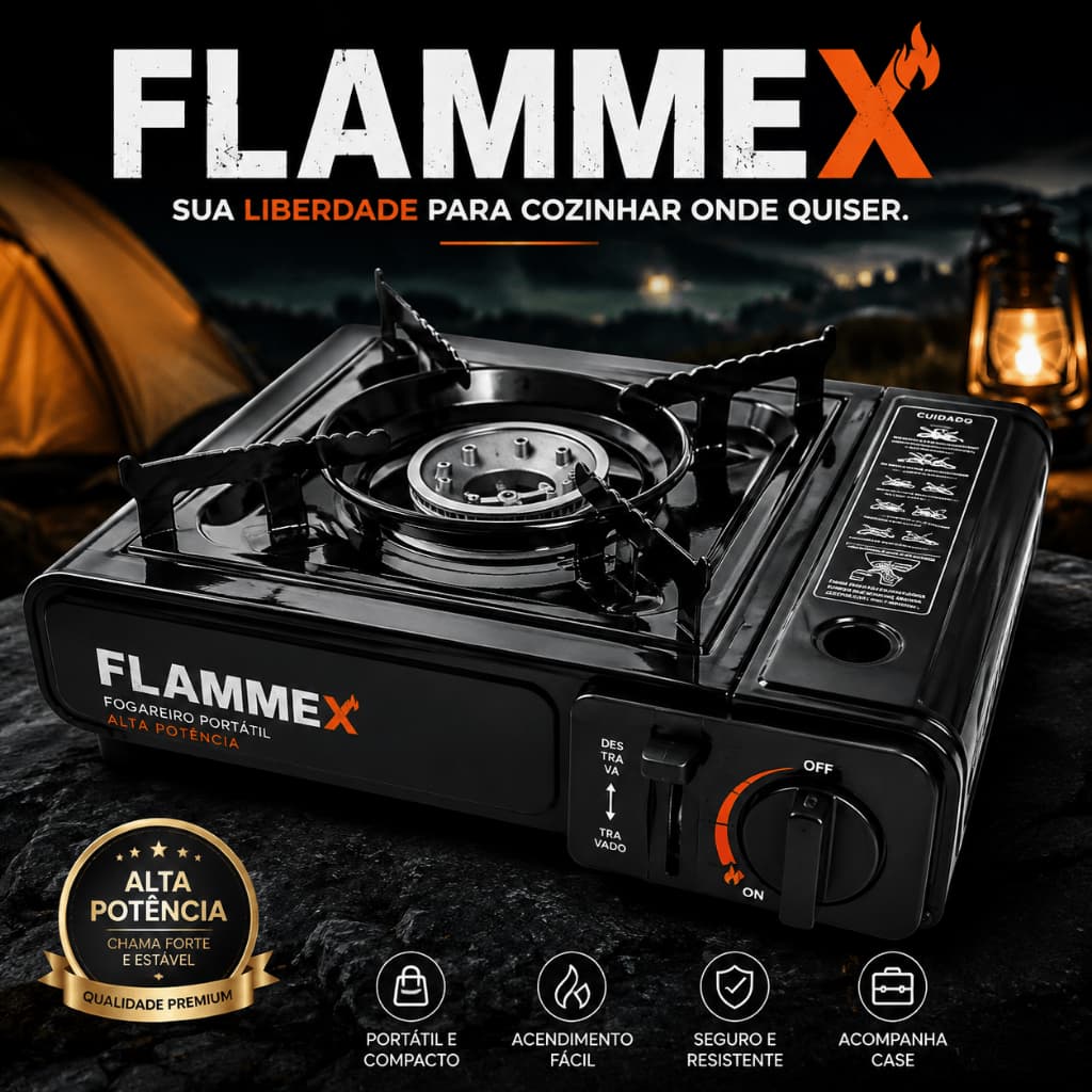 Fogareiro Portátil FLAMMEX Alta Potência para Camping Pesca Viagem Acampamento a Gás Preto