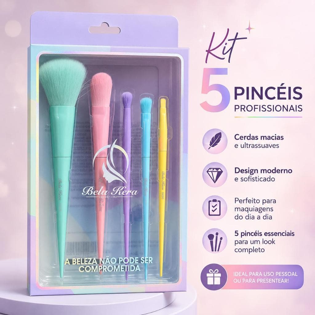 Kit Pincéis arco-iris com 5 unidades iluminador de blush profissional Pincel para Rosto e Olhos