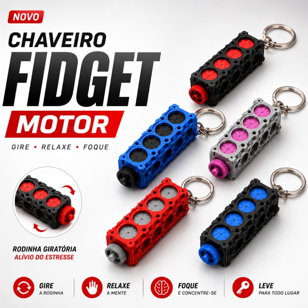 Chaveiro Fidget Motor 4 Cilindros Giratório Anti Estresse Mini Motor Mecânico