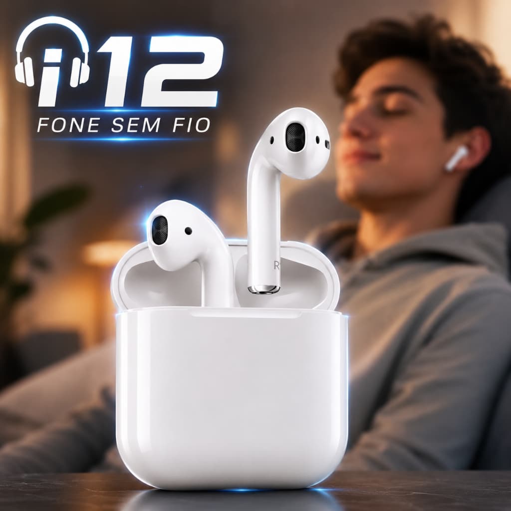 Fone Bluetooth Sem Fio i12 TWS Estéreo com Microfone e Case de Carregamento