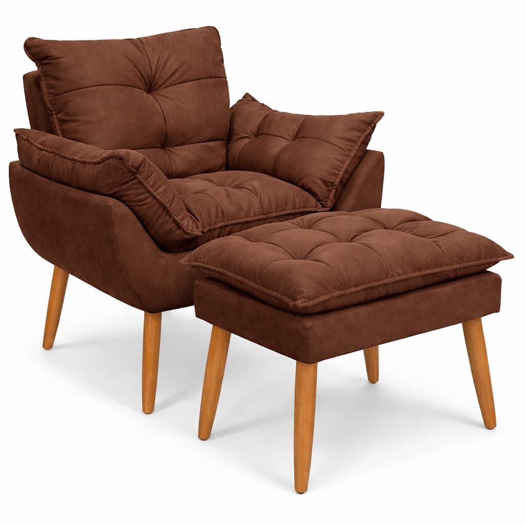 Poltrona Marrom Kit Com Puff Pés Palito Tecido Suede Sala Rack Sofá Quarto de Bebê - Trida Móveis