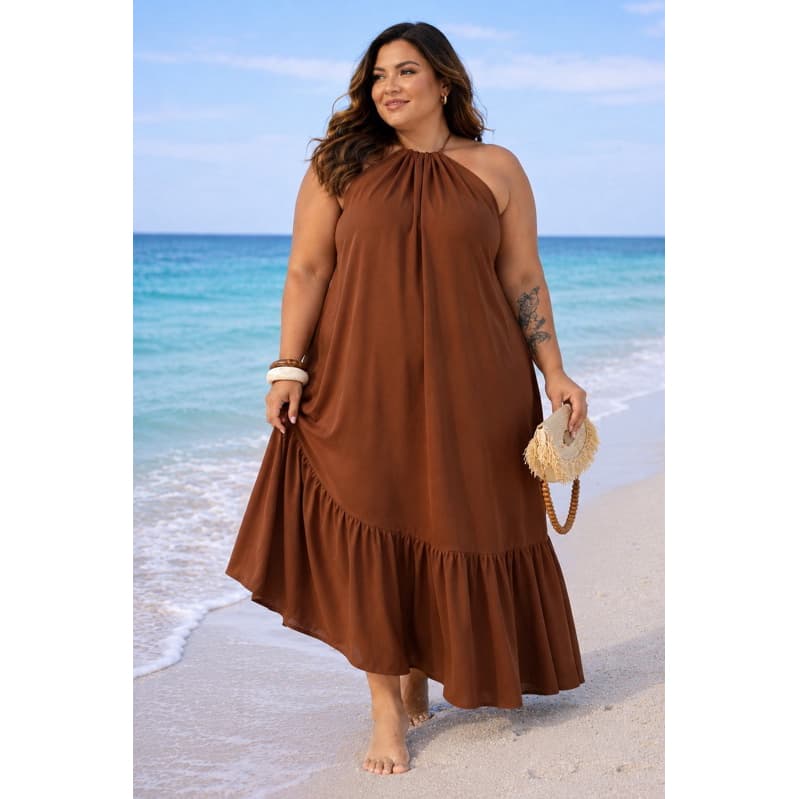 Vestido Longo Fluido Feminino Plus Size Com Forro Amarração Regulável