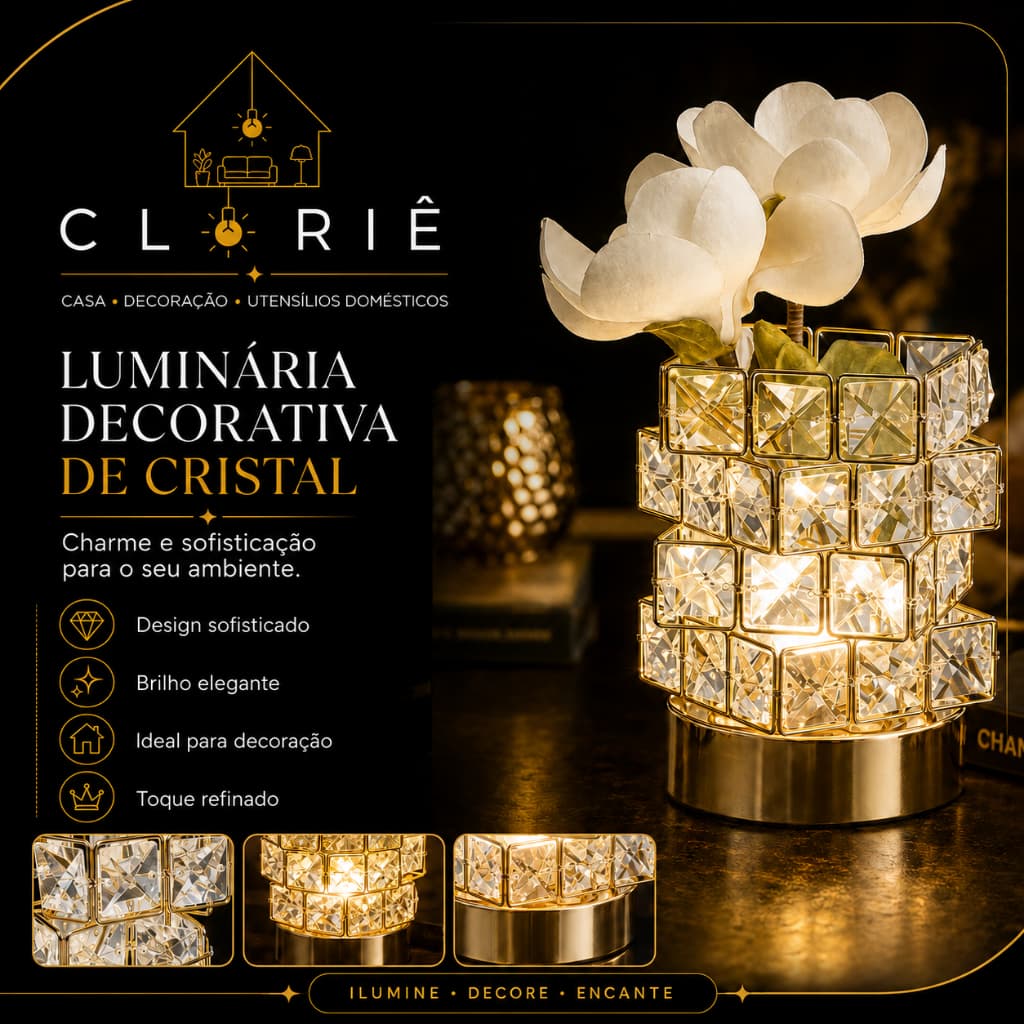 Abajur LED 3 em 1 Luxo Premium Acabamento Cromado e Dourado