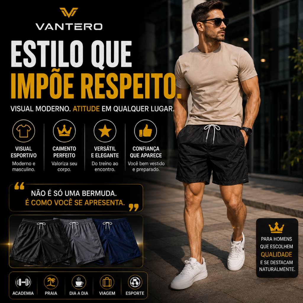 Kit 3 Bermudas Masculina VANTERO Tactel Academia 3 Bolsos