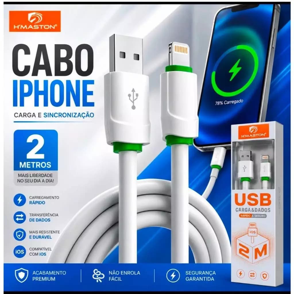 Cabo Carregador iPhone H’Maston 2 Metros USB Lightning Carga Rápida e Dados