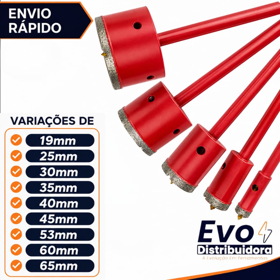 Broca Serra Copo Diamantada Para Concreto 19mm 25mm 30mm 35mm 40mm 45mm 53mm 60mm 65mm Profissional