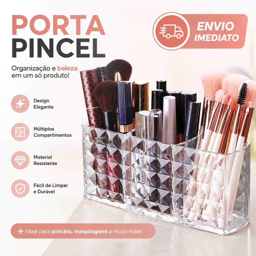 Porta Pincel Diamante, Organizador em Acrílico Maquiagem 3 Divisorias