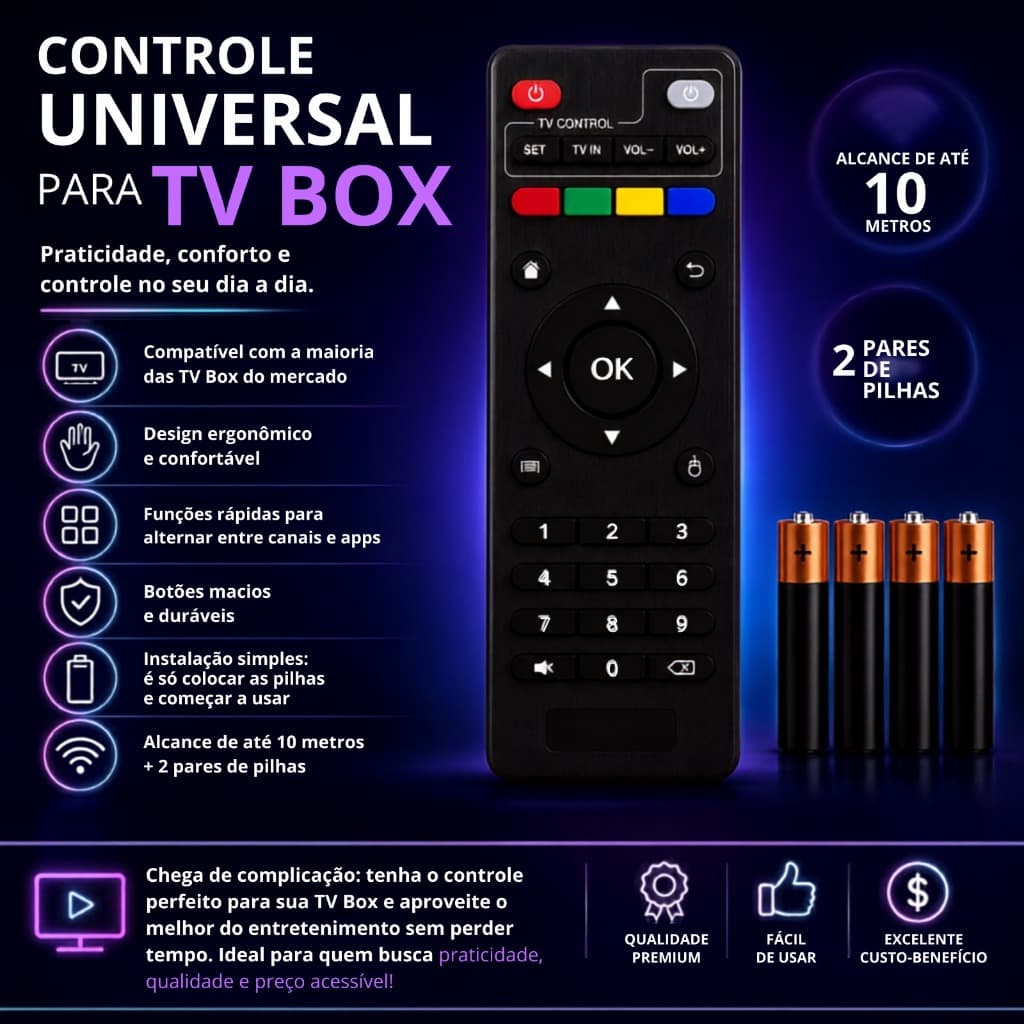 Controle Remoto UniversalControle Universal para TV Box Android Smart Box + 4 Pilhas Controle Remoto Compatível
