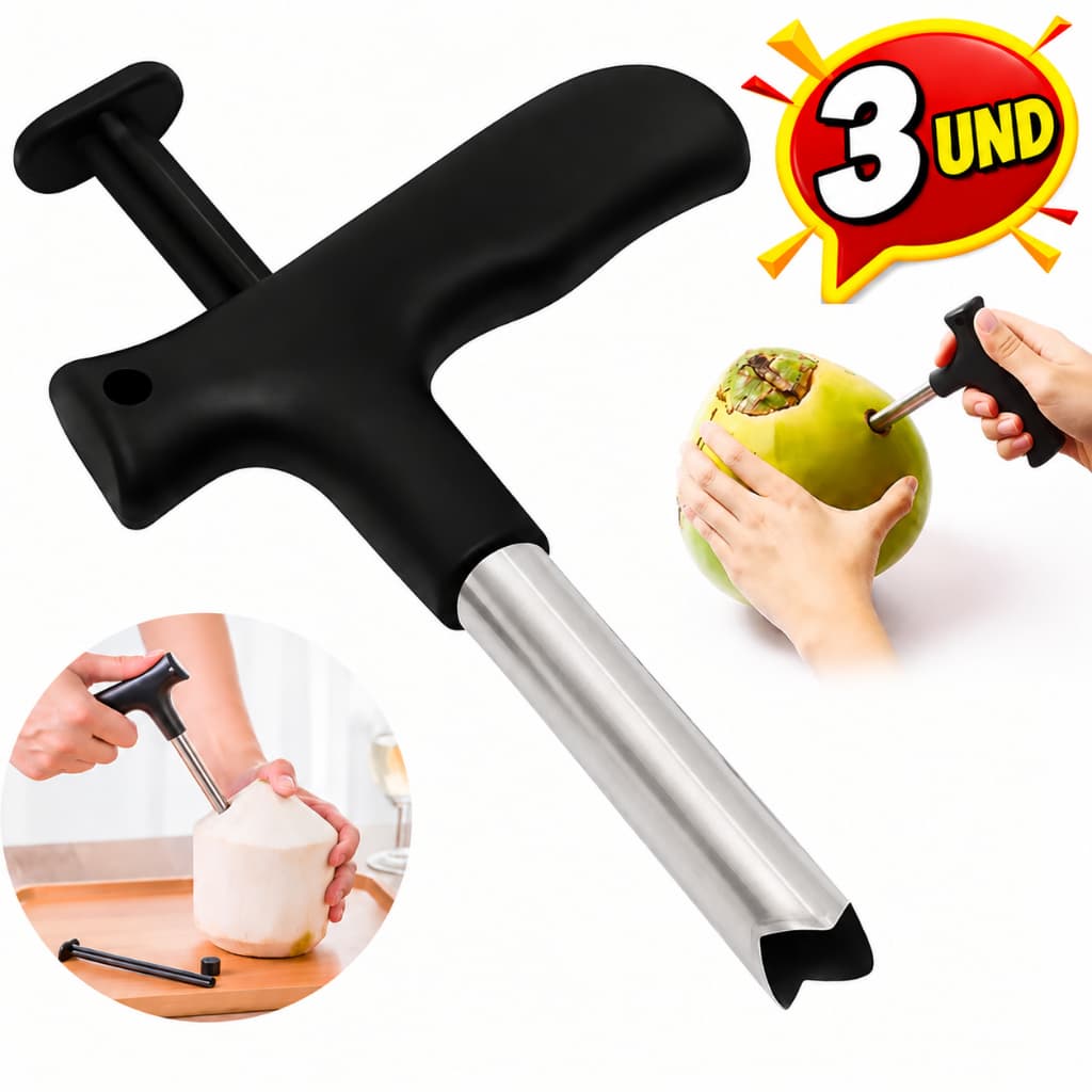 kit até 3 Furador e Abridor de Coco em Aço Inox com Cabo Plástico Resistente para Casa,Bares,Quiosques