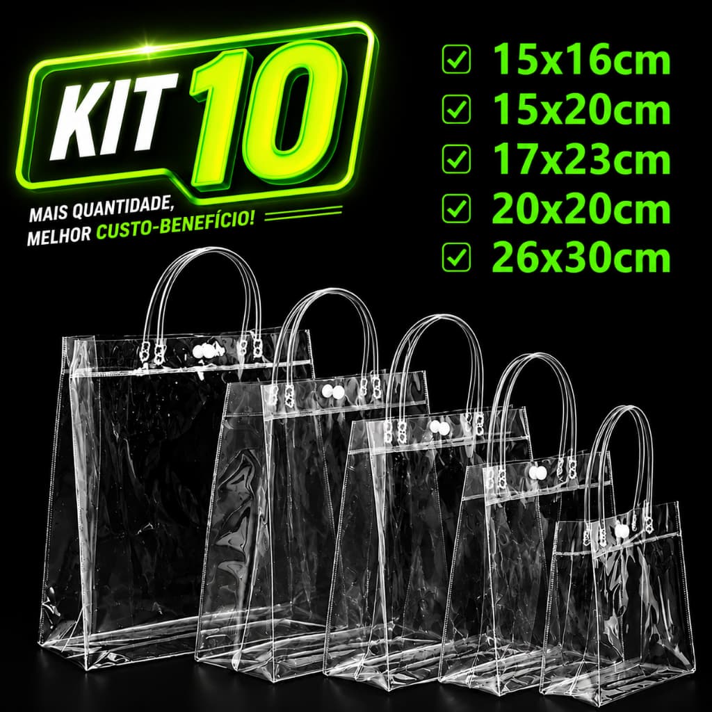 Kit 10 Sacolas de Presente PVC Transparente com Alça Reforçada para Lembrancinhas e Festas