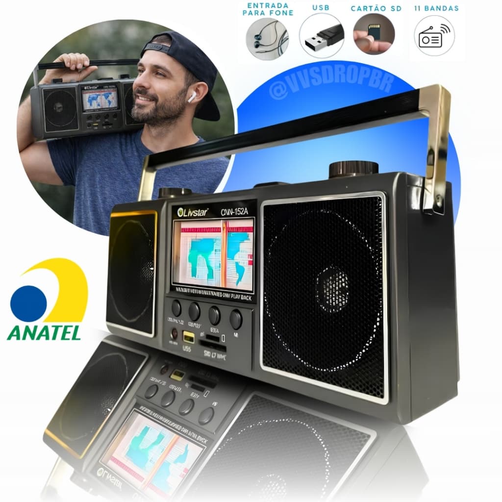 Radio Portatil Retro Recarregável Retrô USB Cartão Pilha FM AM SW Bivolt Alto-Falantes 4"