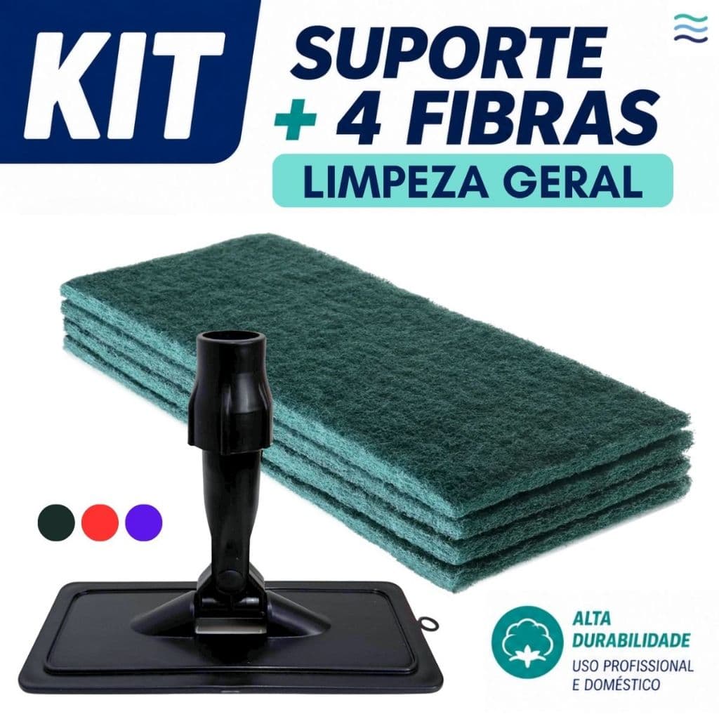 Kit Limpeza Geral Suporte LT + 4 Fibras Esponja Verde Limpa Piso Parede Bancada Equipamento Utensílio