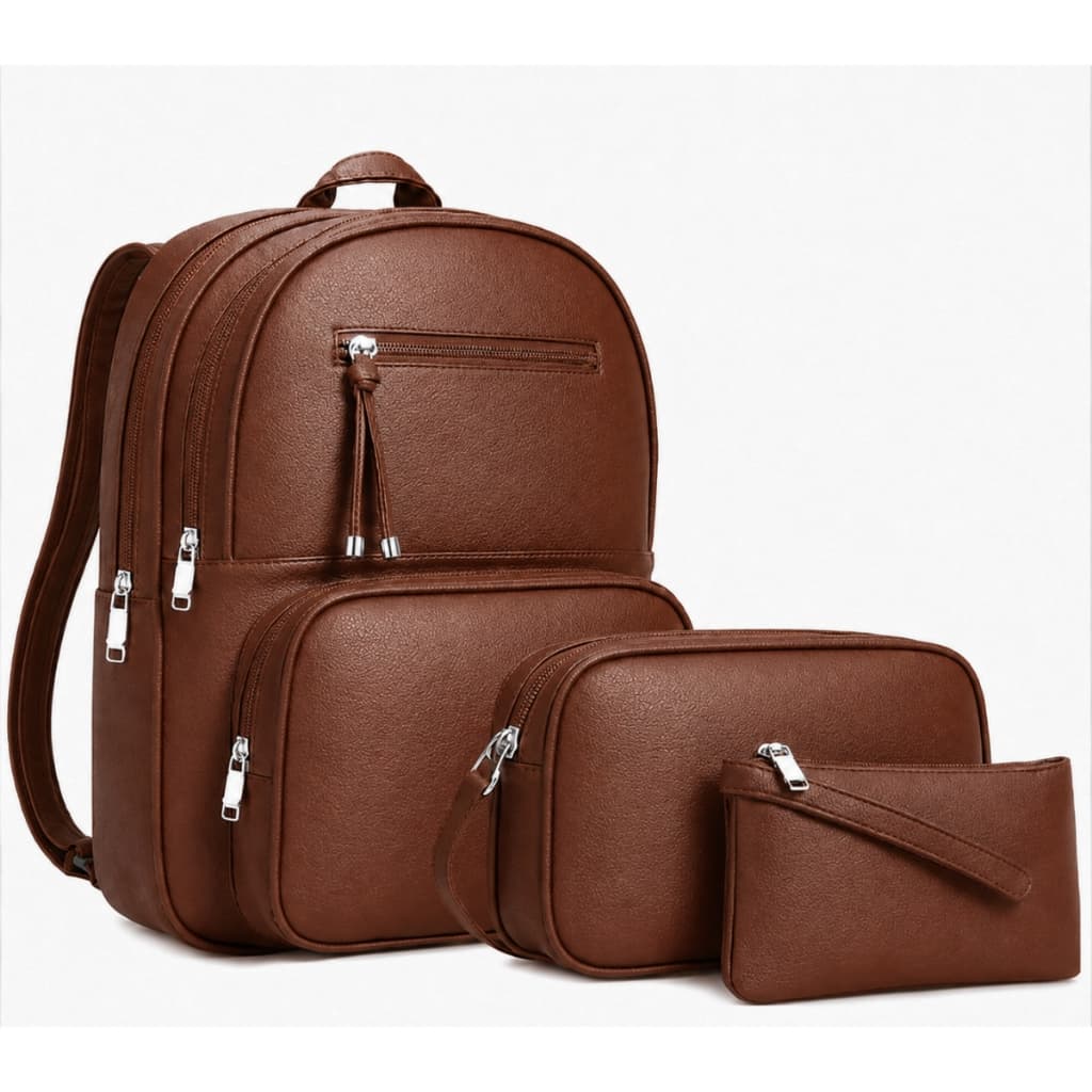 Kit Mochila Feminina Elegante 3 Peças Couro Sintético Reforçada Versátil Mochila Bolsa Transversal Mini Bolsa